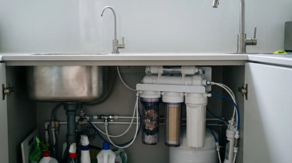 Multi-stage under-sink alkaline water filtration system with mineral cartridges