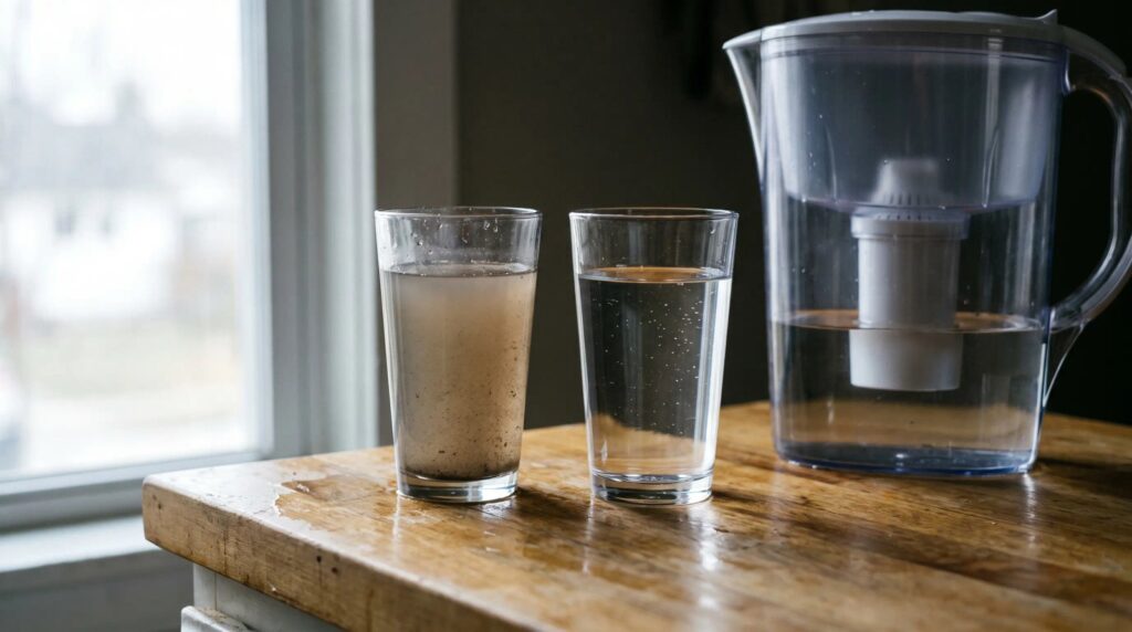 A glass of cloudy contaminated water beside a glass of clear filtered water with a filter pitcher