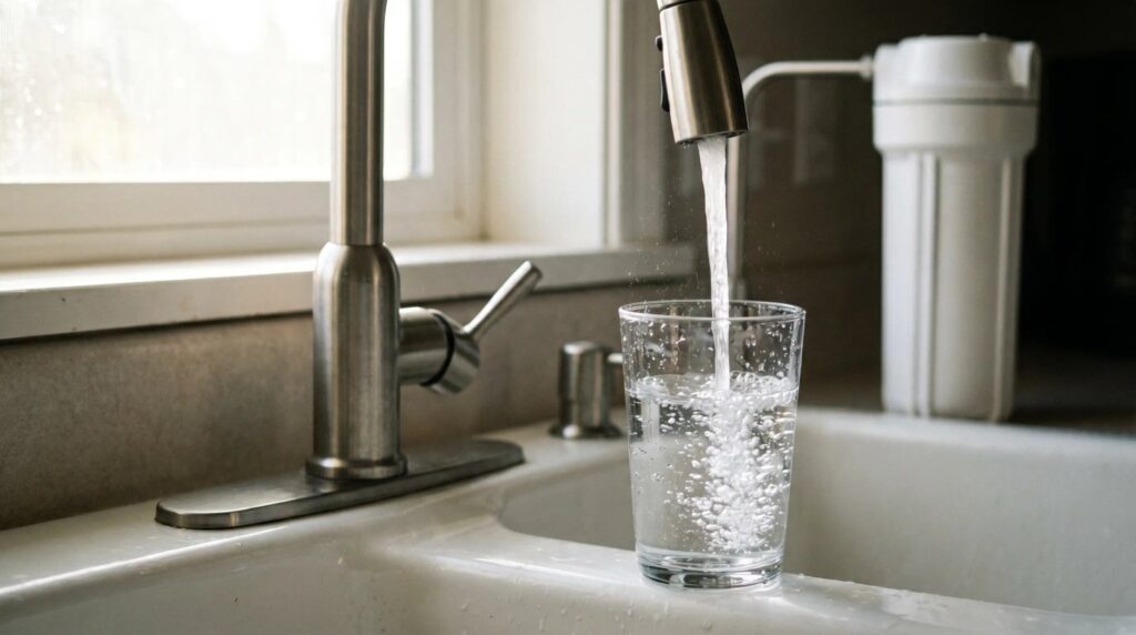 A glass being filled with clean filtered drinking water at a kitchen sink with a filter housing