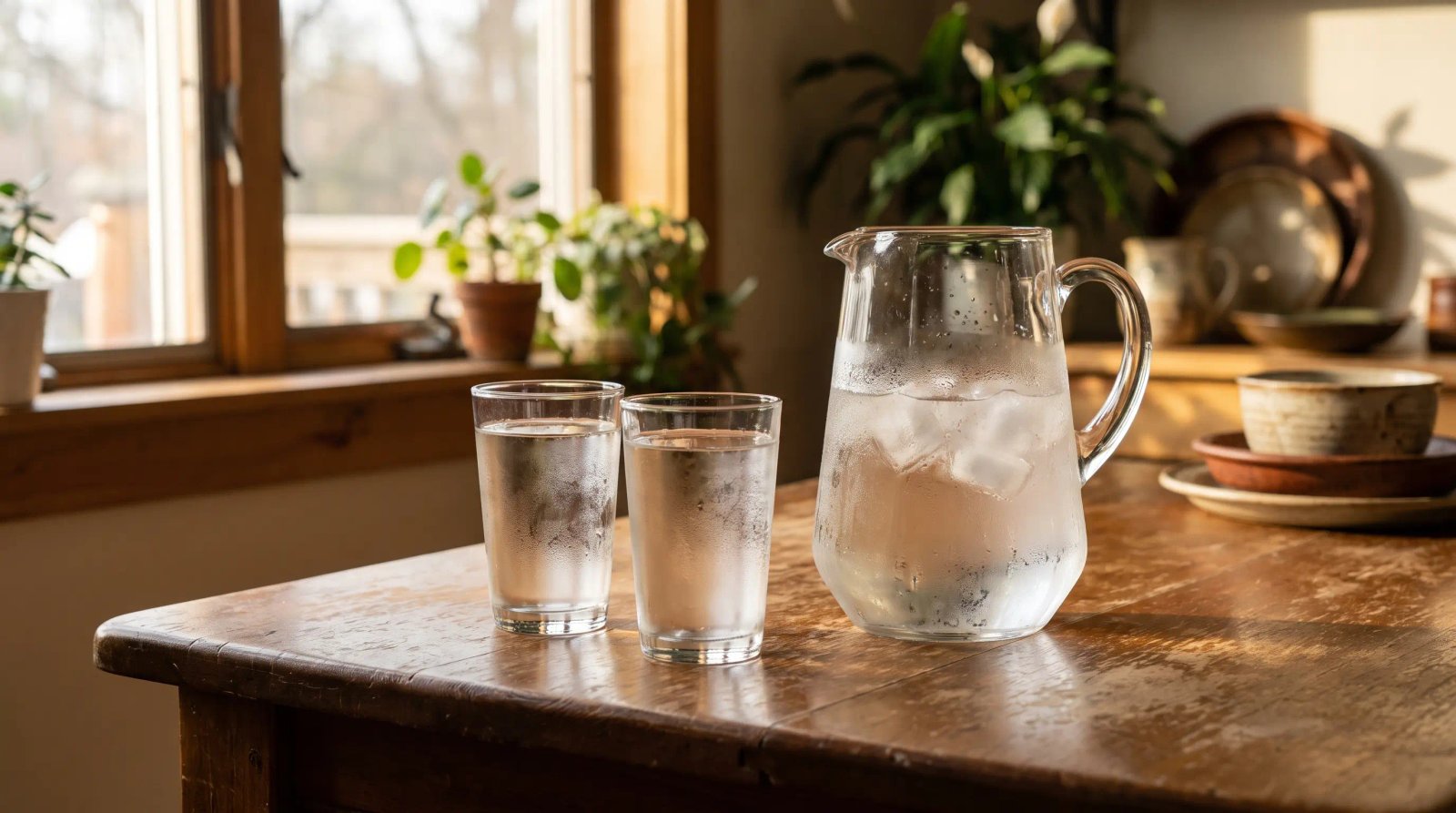 A pitcher and two glasses of clean filtered water on a wooden table by a sunny window