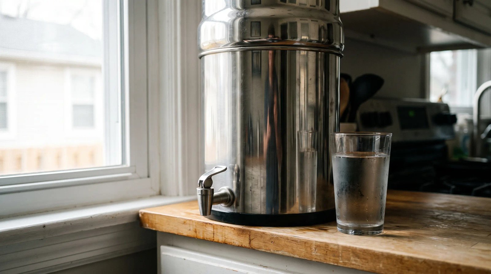 Brushed stainless steel countertop gravity water filter with spigot and a glass of clear water