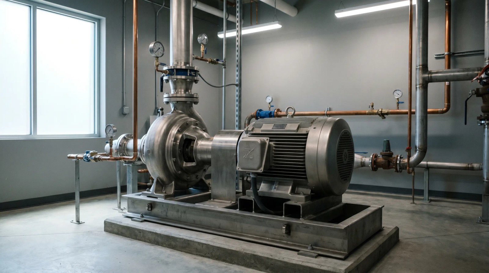 Stainless steel high-pressure water pump and motor on a skid with gauges and piping