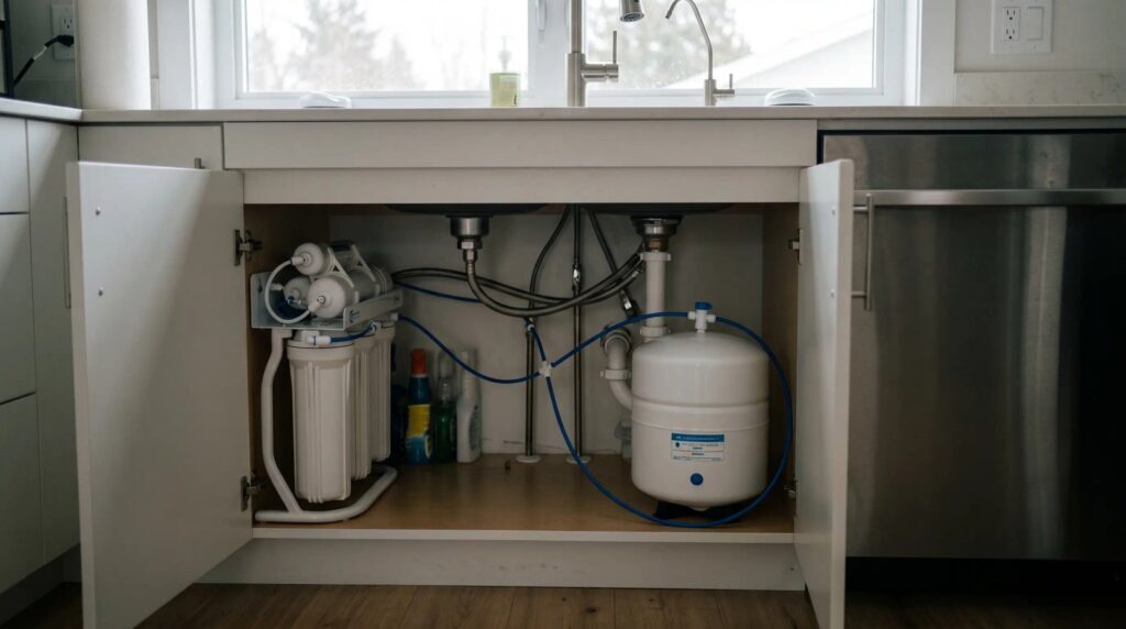 Under-sink reverse osmosis water filtration system installed in a home kitchen