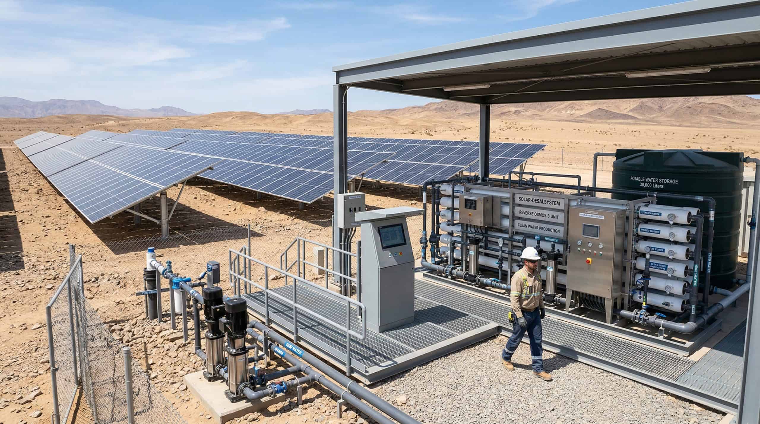 Solar-powered desalination system in remote location