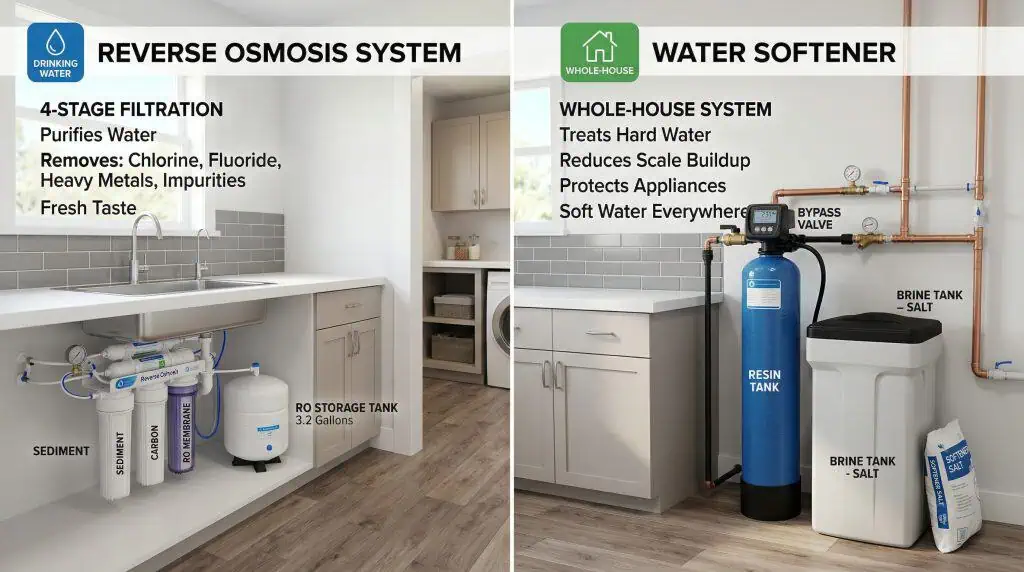 Reverse osmosis system compared with water softener side by side