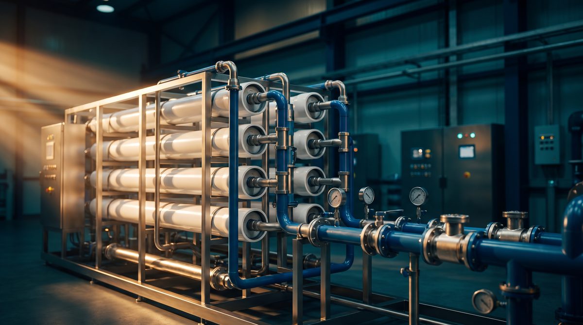 Stainless-steel commercial reverse osmosis skid with rows of membrane housings and blue piping in an industrial water treatment facility
