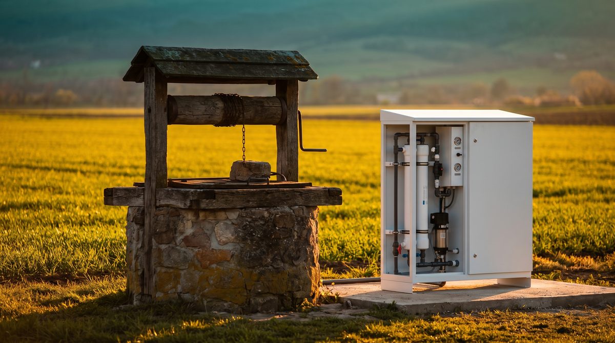 Rural well head beside a farm field with a reverse osmosis treatment unit, representing nitrate removal from well water
