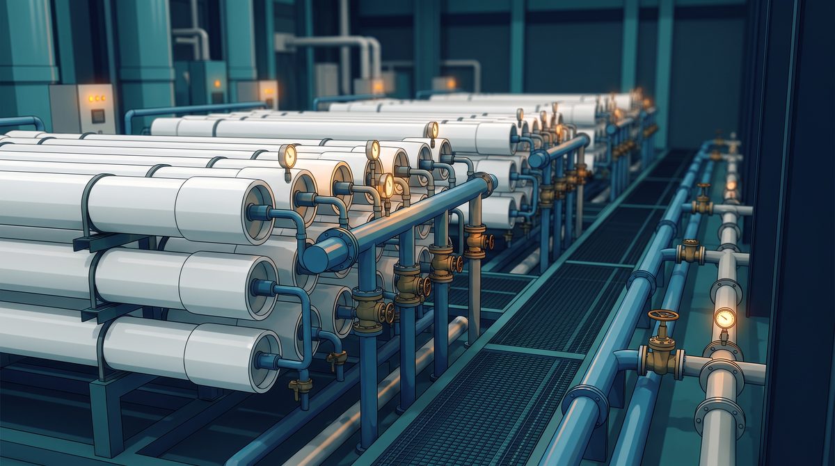 Industrial reverse osmosis membrane array showing permeate and concentrate reject streams with flow piping