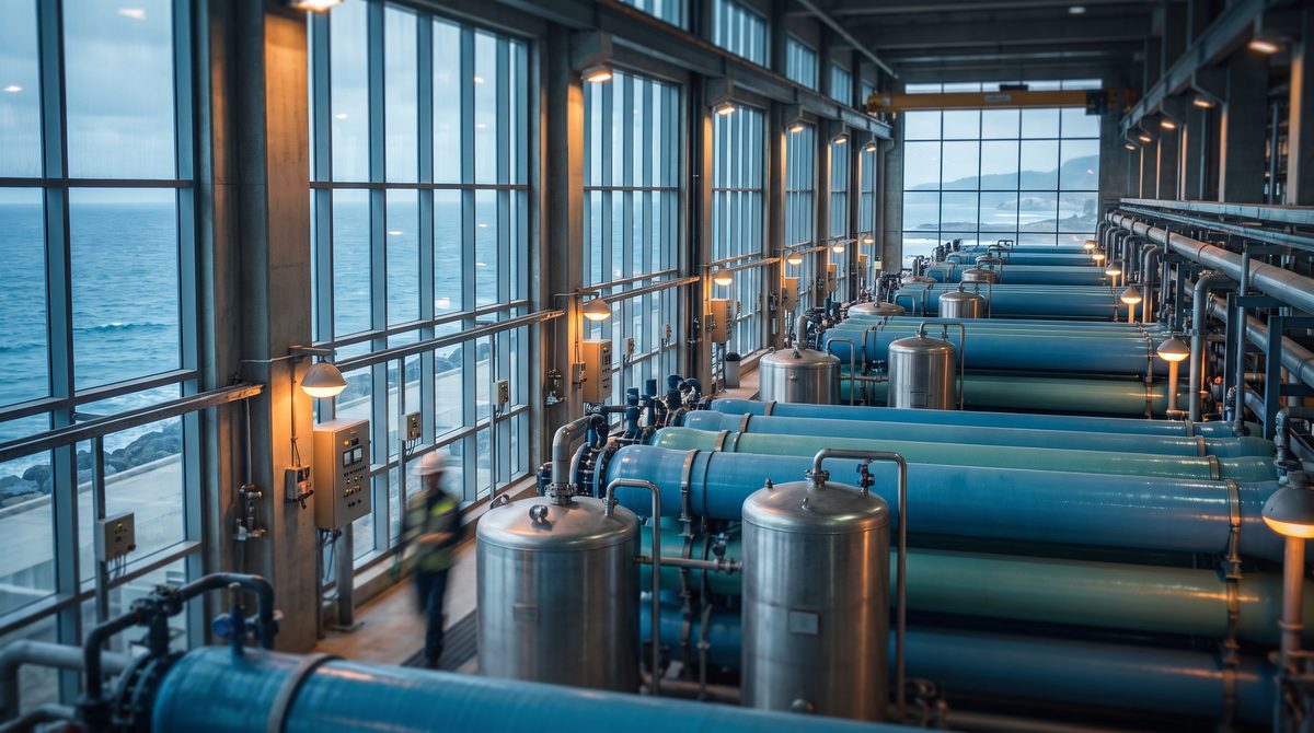 Seawater desalination plant with reverse osmosis pressure vessels and pH dosing equipment for boron removal