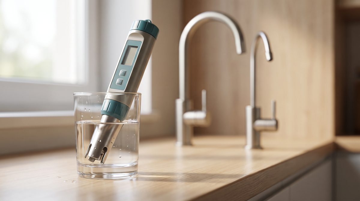 Handheld TDS meter measuring a glass of water beside a home reverse osmosis drinking water system