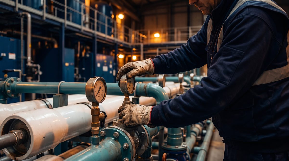 Technician checking pressure gauges and filter housings on a commercial reverse osmosis system during scheduled maintenance