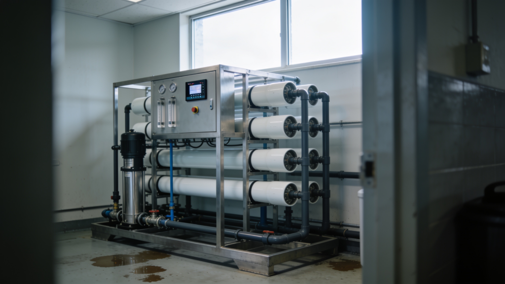 Commercial reverse osmosis skid system installed in a mechanical room