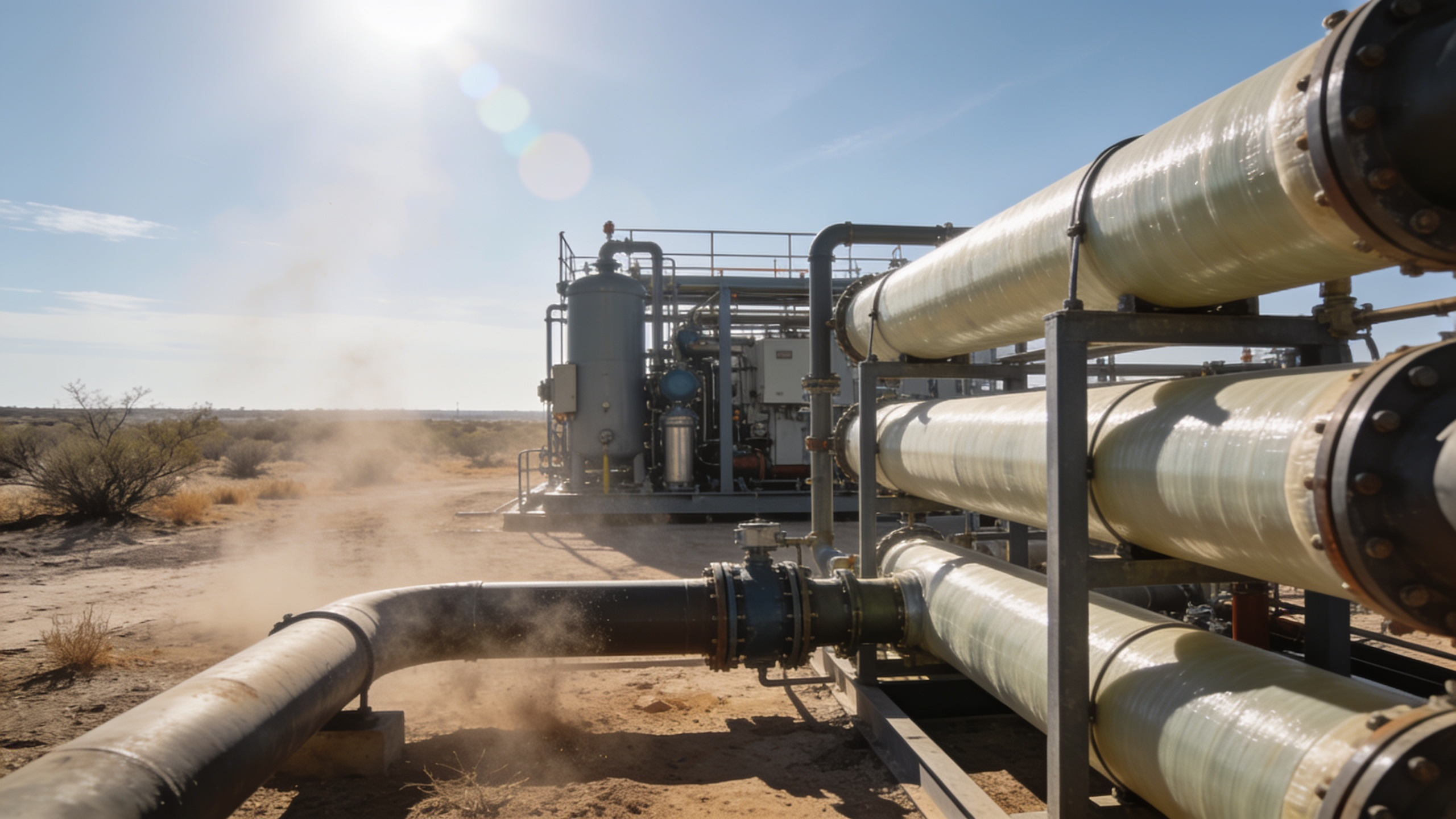 Brackish groundwater desalination pipeline installation in a Texas desert landscape