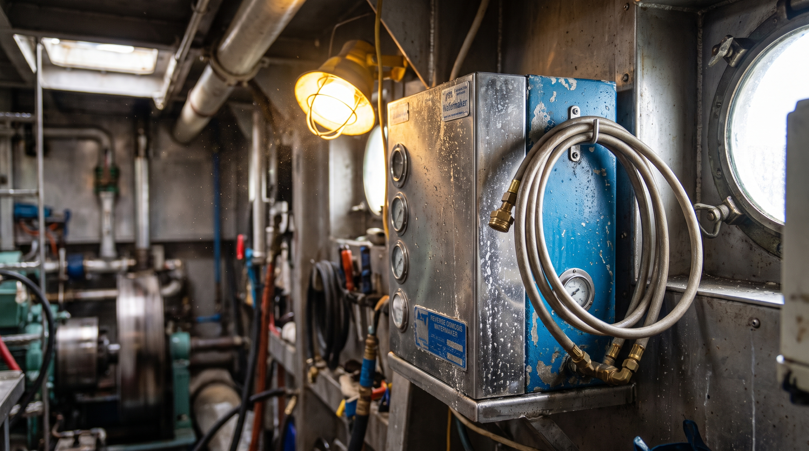 Marine reverse osmosis watermaker unit installed in a ship engine room