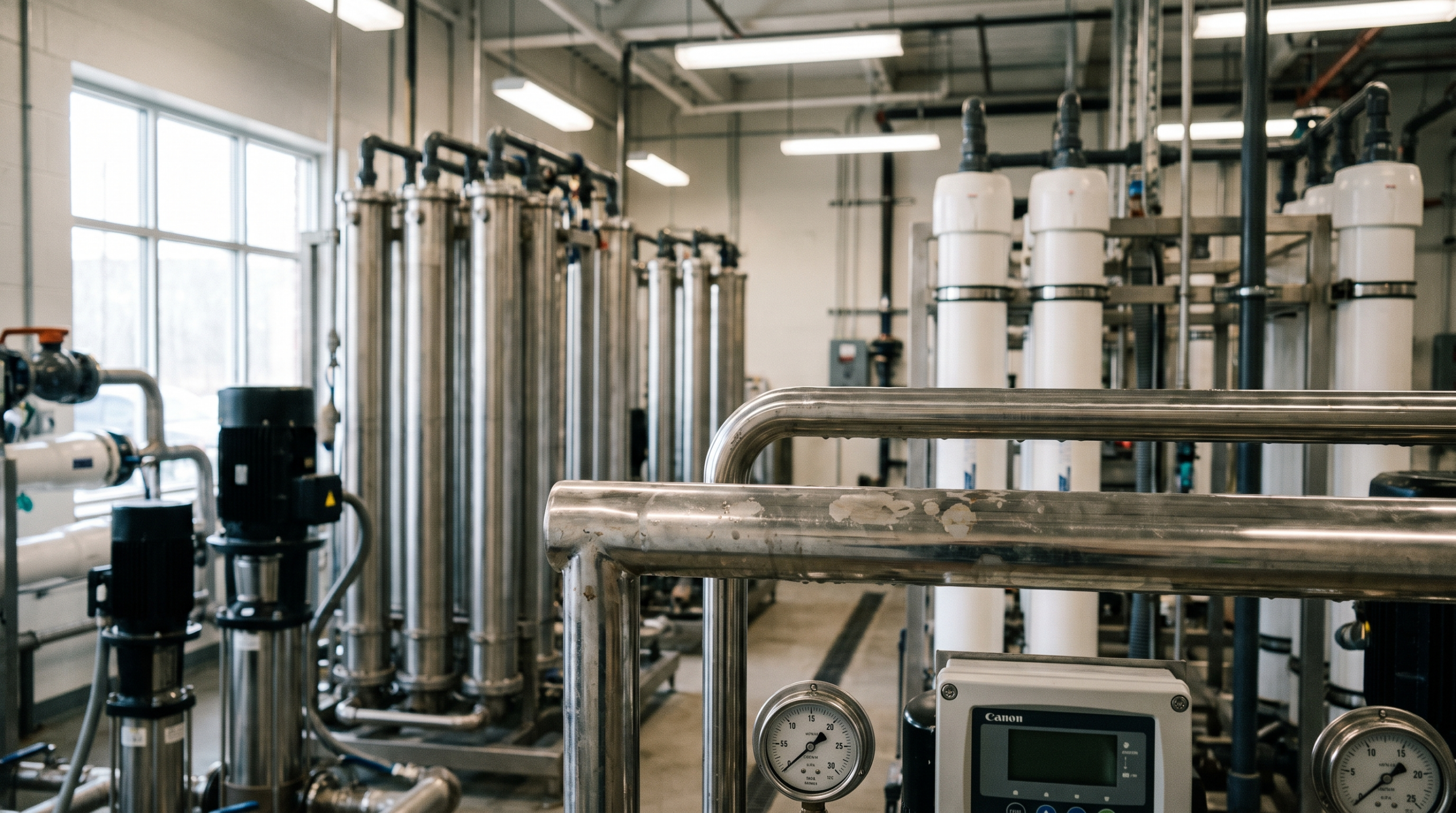 Industrial reverse osmosis skid system with rows of membrane housings in a commercial water treatment facility