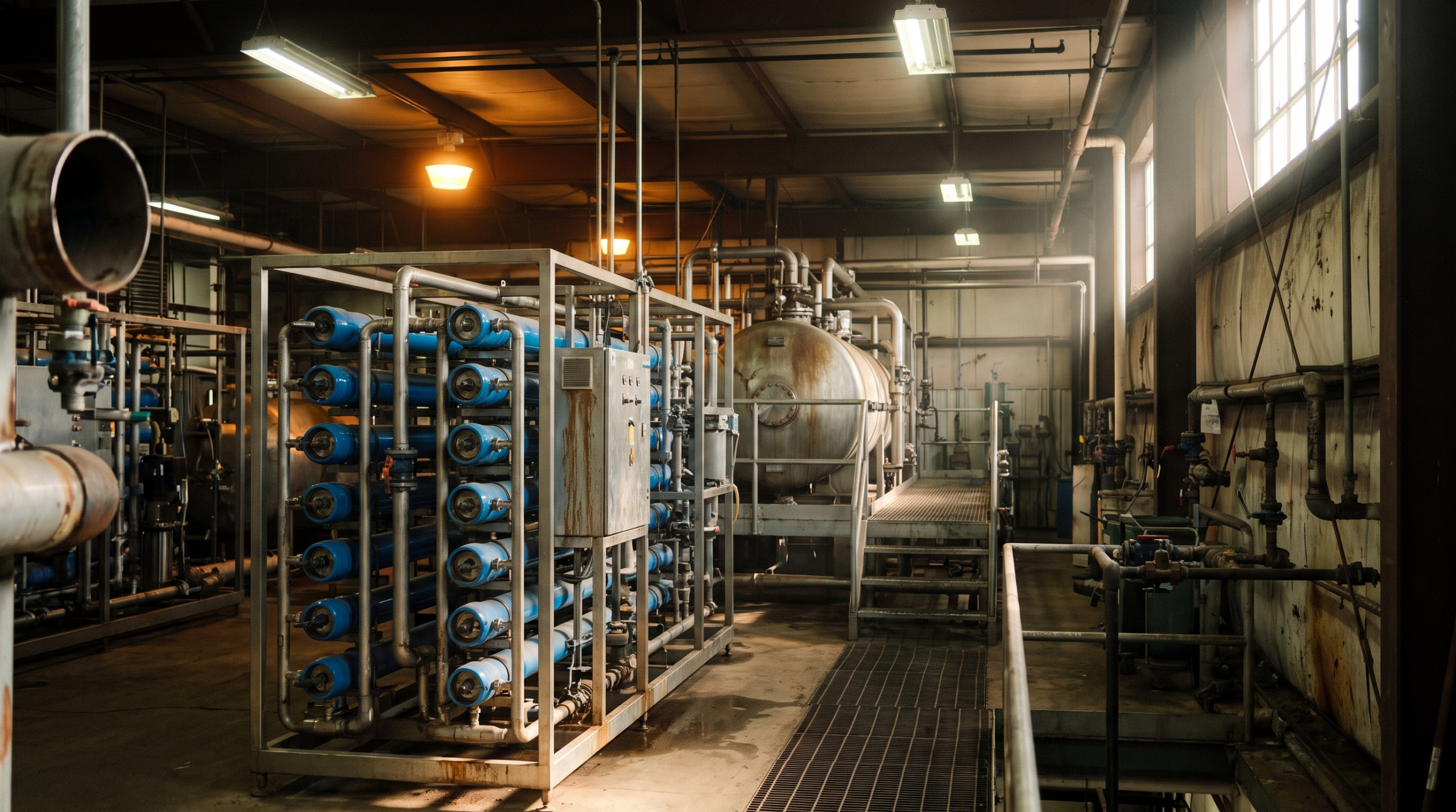 Reverse osmosis membrane skid leading into a zero liquid discharge treatment tank in an industrial facility
