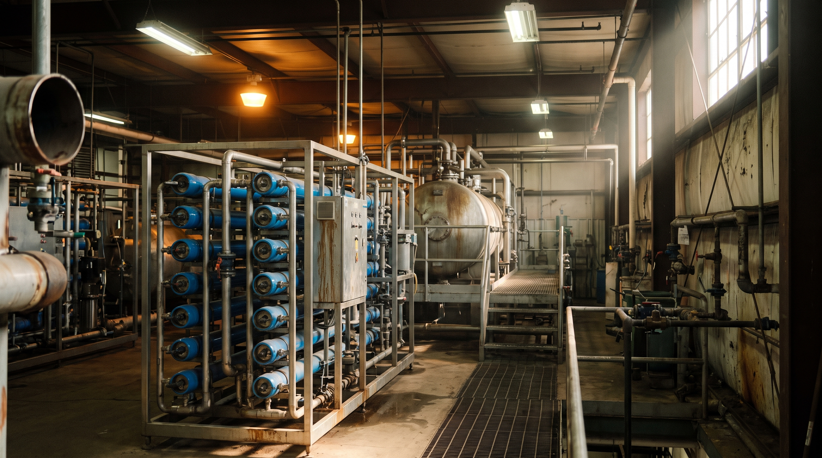 Reverse osmosis membrane skid leading into a zero liquid discharge treatment tank in an industrial facility