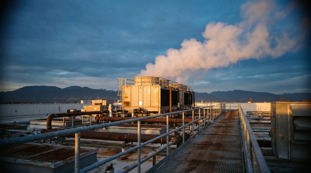 Cooling towers with a vapor plume on a commercial building roof at dusk
