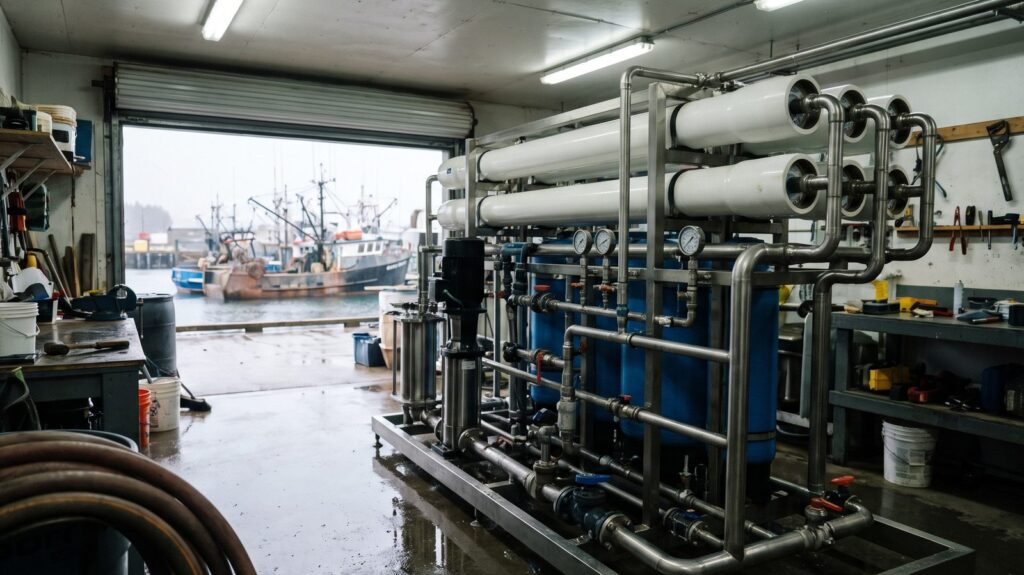 Seawater reverse osmosis skid with pressure vessels in a dockside shed, fishing boats visible in the harbor