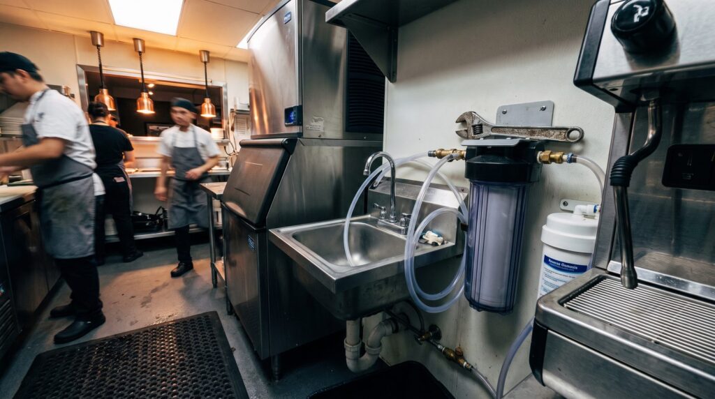 Water filter housing and tubing on a restaurant kitchen wall beside an ice machine and espresso machine
